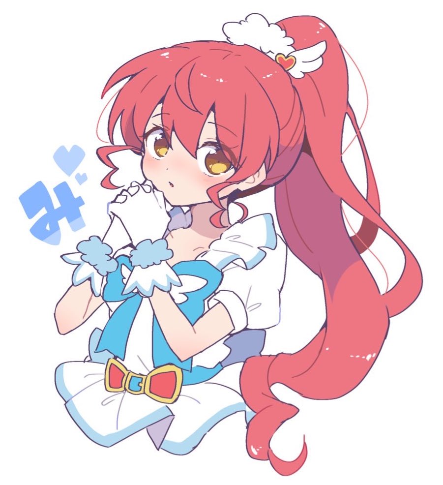 1girl :o blue_bow blush bow cropped_torso gloves hair_between_eyes hair_ornament hands_up heart long_hair looking_at_viewer nojima_minami own_hands_together ponytail pretty_series pripara puffy_short_sleeves puffy_sleeves red_hair shiratama_mikan shirt short_sleeves sidelocks solo upper_body very_long_hair white_background white_gloves white_shirt wing_hair_ornament yellow_eyes