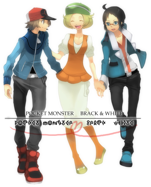 10s 1girl 2boys baseball_cap bianca_(pokemon) black_hair blonde_hair blue_eyes brown_hair cheren_(pokemon) closed_eyes english_text engrish_text gen_2_pokemon glasses hat hilbert_(pokemon) holding_hands jacket multiple_boys nintendo pantyhose papapa928 pokemon pokemon_(creature) pokemon_bw ranguage typo unown unown_a unown_b unown_c unown_e unown_h unown_i unown_k unown_l unown_m unown_n unown_o unown_p unown_r unown_s unown_t unown_w unownglyphics
