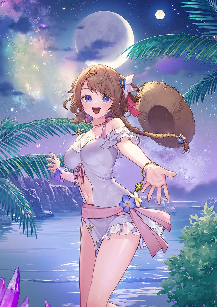 1girl artist_request atelier_(series) atelier_resleriana bare_shoulders blue_eyes blue_flower bracelet braid breasts brown_hair clothing_cutout commentary_request crystal dress feet_out_of_frame flower hair_flower hair_ornament hairclip hat highres jewelry long_hair looking_at_viewer medium_breasts multiple_moons navel navel_cutout necklace off-shoulder_dress off_shoulder official_art palm_tree reaching reaching_towards_viewer resna_sternenlicht_(pretty_summer) short_dress sky smile solo star_(sky) star_(symbol) star_necklace starry_sky straw_hat tree unworn_hat unworn_headwear water white_dress white_flower