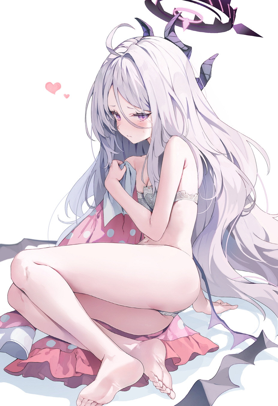 1girl ass barefoot black_horns black_wings blue_archive blush bra breasts closed_mouth demon_horns demon_wings grey_bra grey_hair grey_panties halo heart highres hina_(blue_archive) hina_(pajamas)_(blue_archive) horns huwari_(dnwls3010) long_hair looking_at_viewer multiple_horns official_alternate_costume pajamas panties pink_pajamas polka_dot polka_dot_pajamas purple_eyes simple_background small_breasts soles solo toes underwear white_background wings