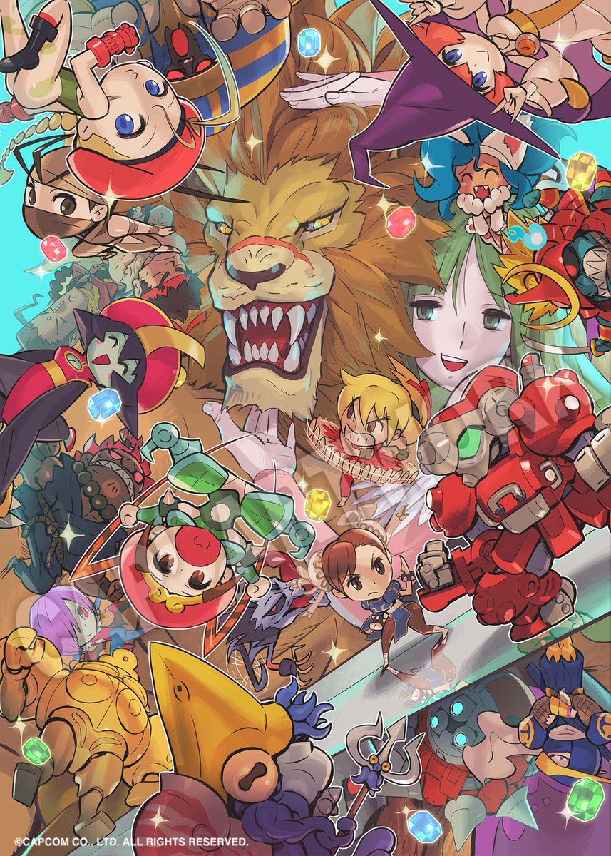 :&gt; :&lt; akuma_(street_fighter) anakaris aqua_background armor bengus beret bishamon_(darkstalkers) blodia cammy_white capcom chibi chinese_clothes chun-li copyright_notice crossover cyberbots donovan_baine dougi felicia_(darkstalkers) fighting_stance gem hat highres ibuki_(street_fighter) ken_masters hsien-ko leo_(warzard) leotard lilith_(darkstalkers) m/ mask monster_boy monster_girl morrigan_aensland mukuro_(warzard) multiple_boys multiple_girls ninja nool o3o official_art huitzil_(darkstalkers) polearm ryu_(street_fighter) scar smile sparkle street_fighter super-8 sword tabasa tao_(warzard) tatsumaki_senpuukyaku triangle_mouth trident upside-down darkstalkers warzard watermark weapon lord_raptor zombie