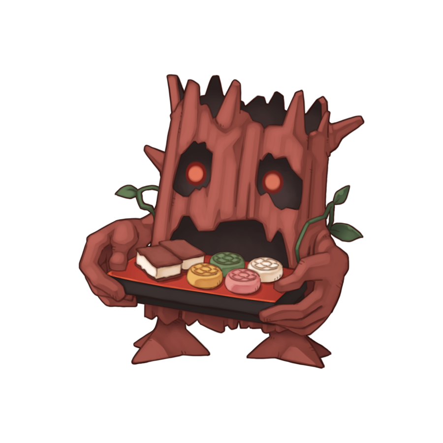 chibi chibi_only elder_willow_(ragnarok_online) food full_body holding holding_plate ice_cream ice_cream_sandwich leaf looking_at_viewer mooncake no_humans official_art open_mouth plant plate ragnarok_online simple_background solo transparent_background tree vines yuichirou