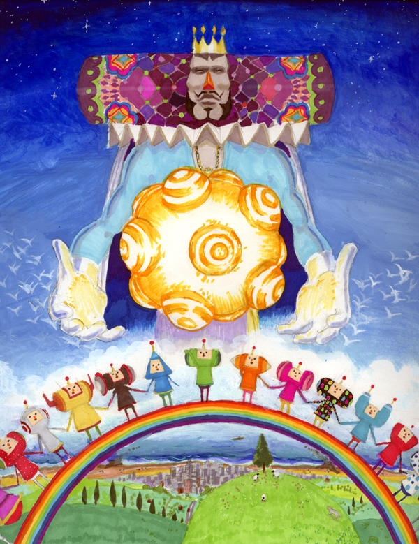beard bird crown facial_hair katamari_damacy king_of_all_cosmos mustache rainbow rainbow_path the_prince tree