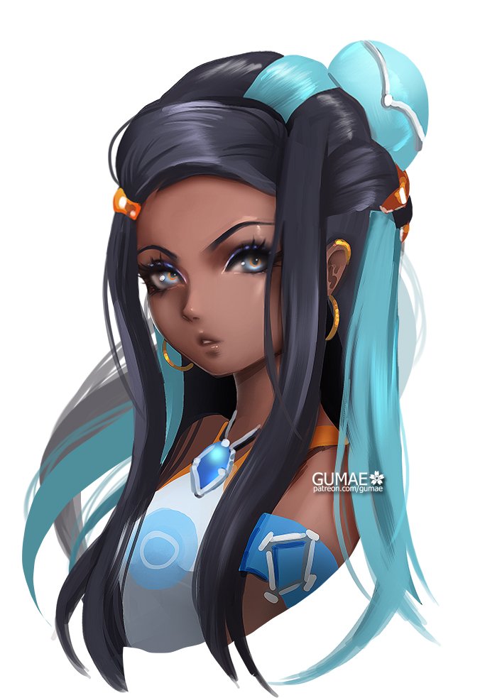 1girl armlet black_hair blue_eyes blue_hair dark-skinned_female dark_skin female_focus gumae gym_leader hair_bun half_updo jewelry necklace nessa_(pokemon) nintendo pokemon pokemon_swsh ponytail single_hair_bun solo sportswear
