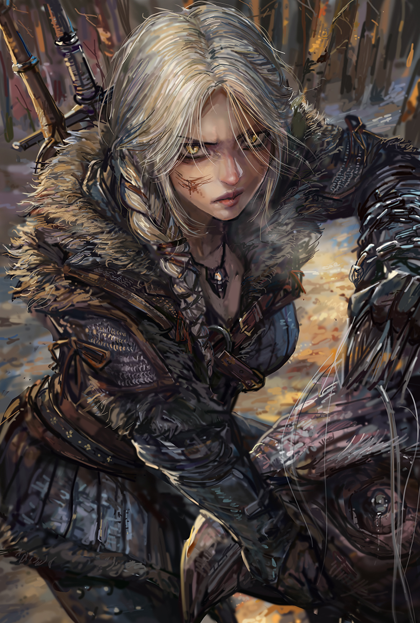 1girl armor bauk black_gloves braid chain chain_around_arm chainmail ciri closed_mouth commentary crying facial_scar forest fur_collar glaring gloves grabbing_another&#039;s_hair hair_over_shoulder highres leather_armor leather_skirt lips long_braid long_sword looking_at_viewer miche monster multiple_swords nature official_alternate_eye_color outdoors scar scar_on_cheek scar_on_face serious shoulder_armor side_braid slit_pupils solo standing sword sword_on_back the_witcher_(series) the_witcher_4 three_quarter_view weapon weapon_on_back white_hair witcher_medallion yellow_eyes