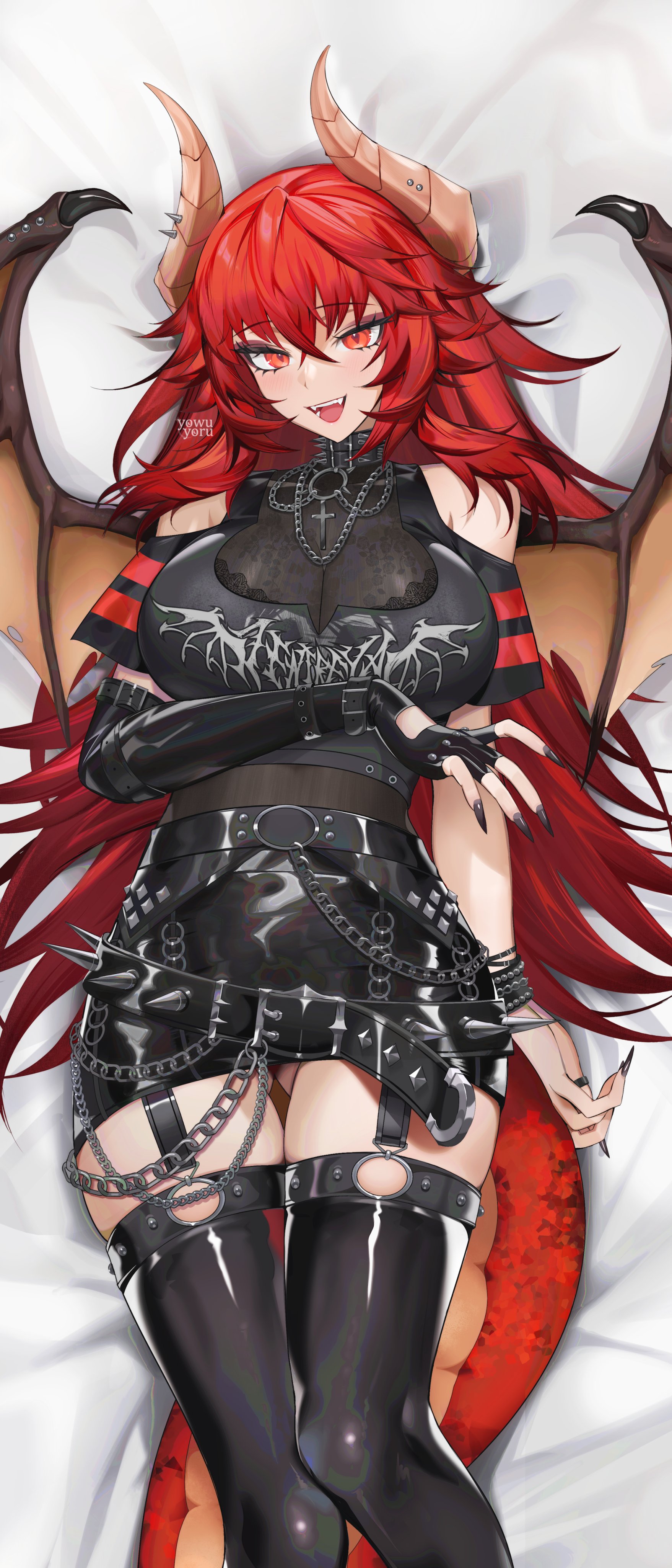 1girl absurdres belt black_belt black_nails black_shirt black_skirt breasts cleavage cropped_shirt dragon_girl dragon_horns dragon_tail dragon_wings highres horns large_breasts long_hair lying nail_polish on_back open_mouth red_eyes red_hair shirt skirt smile solo tail virtual_youtuber vshojo wings yoru_(yowuyoru) zentreya zentreya_(dragon) zentreya_(dragon)_(metalheads) zentreya_(dragon)_(metalheads)