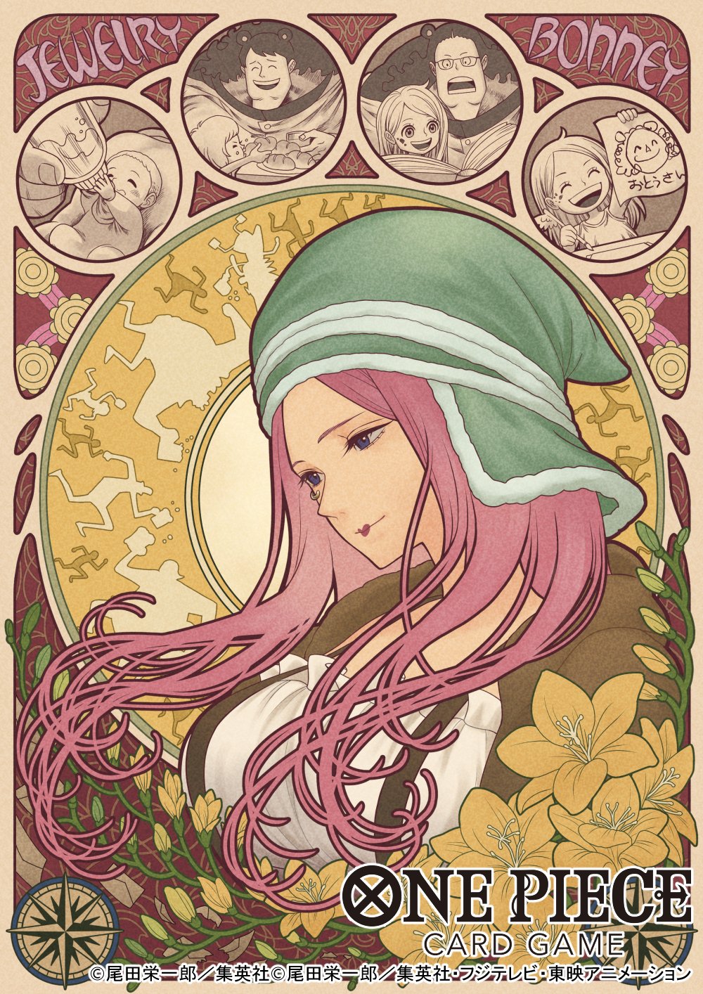 1girl ^_^ animal_ears anti-eyebrow_piercing baby bartholomew_kuma bear_ears borsalino_(kizaru) character_name child closed_eyes closed_mouth commentary_request curly_hair dancing dr._vegapunk drawing_(object) father_and_daughter flower glasses green_hat happy hat highres holding holding_drawing jewelry_bonney koushi_rokushiro long_hair looking_down official_art one_piece pink_hair profile purple_eyes sentoumaru suspenders upper_body