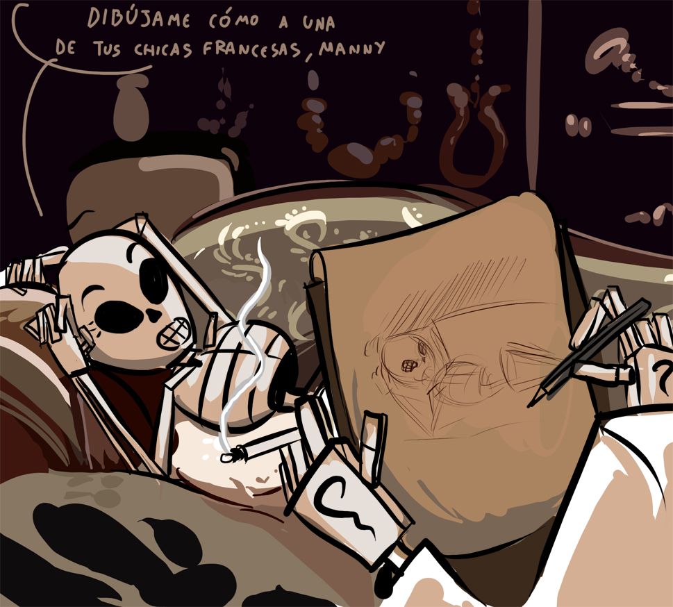 1boy 1girl calaca casual_nudity cigarette couch dia_de_muertos drawing grim_fandango indoors manuel_calavera mario_grant modeling nude on_couch outstretched_arms parody reclining scene_reference skeleton smoking spanish_text titanic_(movie) translated