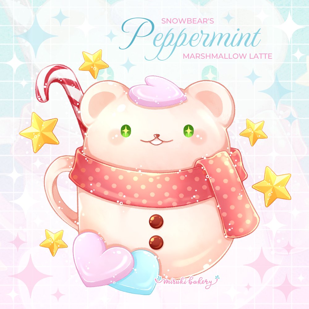 animal-themed_food artist_name bear blue_background candy candy_cane chocomiruki coffee cup english_text food food_focus gradient_background grid_background heart light_particles mug no_humans original pink_background pink_scarf polar_bear polka_dot polka_dot_scarf scarf snowman sparkle winter zoom_layer