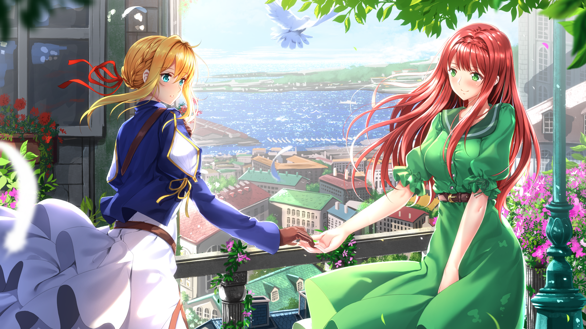 10s 2girls animal belt belt_buckle bird blonde_hair blue_eyes blue_jacket blue_sky blurry blurry_foreground blush braid breasts brown_belt brown_gloves buckle building closed_mouth cloud collarbone commentary_request day depth_of_field dress feathers flower flower_box gloves green_dress green_eyes hair_between_eyes hair_ribbon harbor head_tilt highres holding_hands horizon house jacket juliet_sleeves long_hair long_sleeves luculia_marlborough medium_breasts multiple_girls ocean outdoors parted_lips pink_flower puffy_short_sleeves puffy_sleeves railing red_flower red_hair red_ribbon ribbon short_sleeves sidelocks sky smile swordsouls very_long_hair violet_evergarden violet_evergarden_(series) white_dress white_feathers window