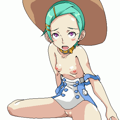 1girl blush breasts cl-55 clothes_lift collar eureka_(eureka_seven) eureka_seven eureka_seven_(series) female_focus green_hair hair_ornament hairclip hat ishichou_(idogaya) lowres nude open_clothes open_shirt purple_eyes shirt short_hair simple_background skirt skirt_lift solo