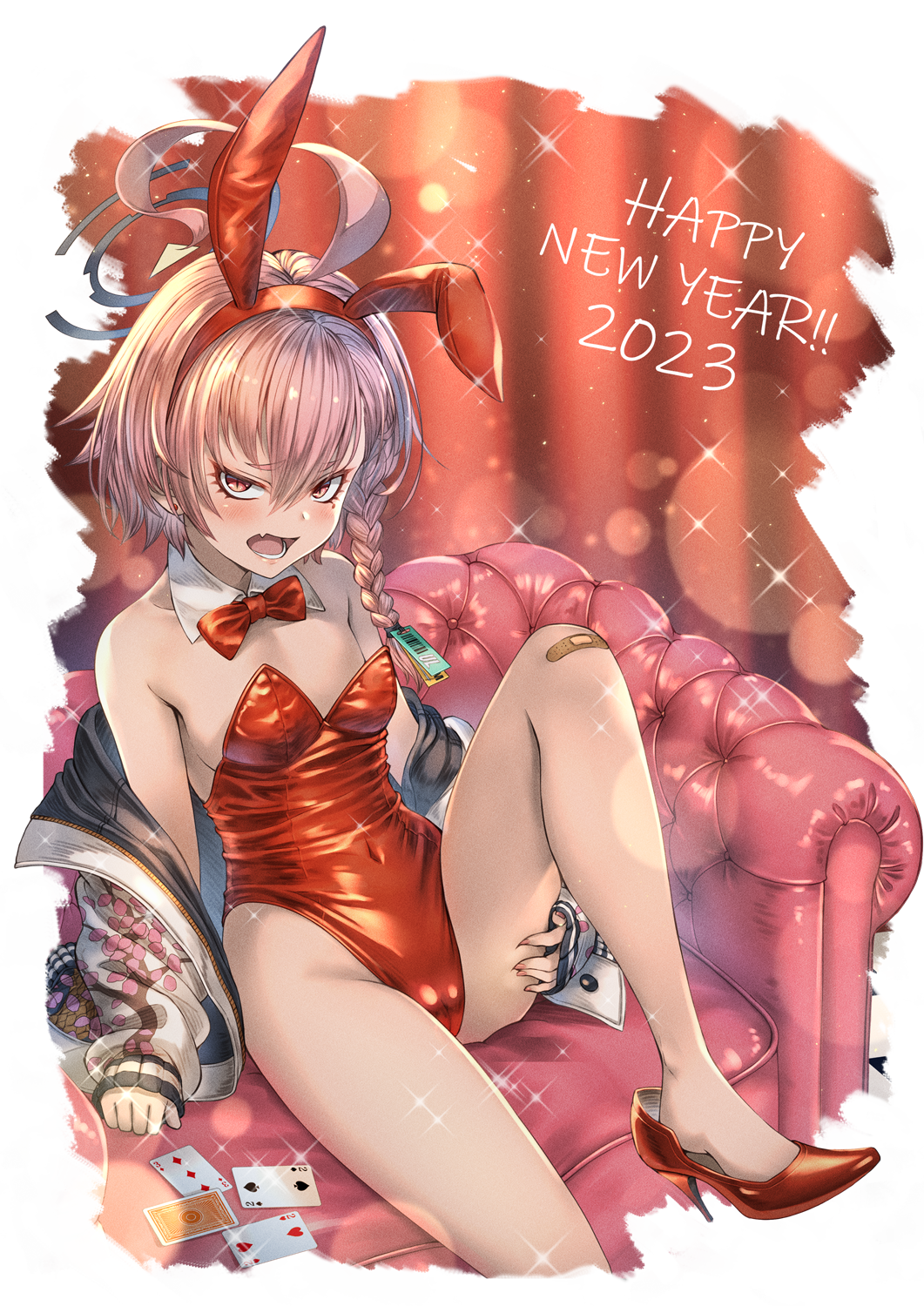 1girl 2023 animal_ears bandaid bare_legs bare_shoulders blue_archive blush bow bowtie braid breasts card detached_collar fake_animal_ears fang happy_new_year high_heels highleg highleg_leotard highres holding jacket leotard long_hair looking_at_viewer neru_(blue_archive) neru_(bunny)_(blue_archive) new_year off_shoulder open_clothes open_jacket open_mouth pantyhose playboy_bunny playing_card rabbit_ears rabbit_tail red_bow red_bowtie red_footwear red_leotard short_hair sitting skin_fang small_breasts solo sparkle sparkle_background sparks strapless strapless_leotard tail thigh_grab wrist_cuffs yakkuro