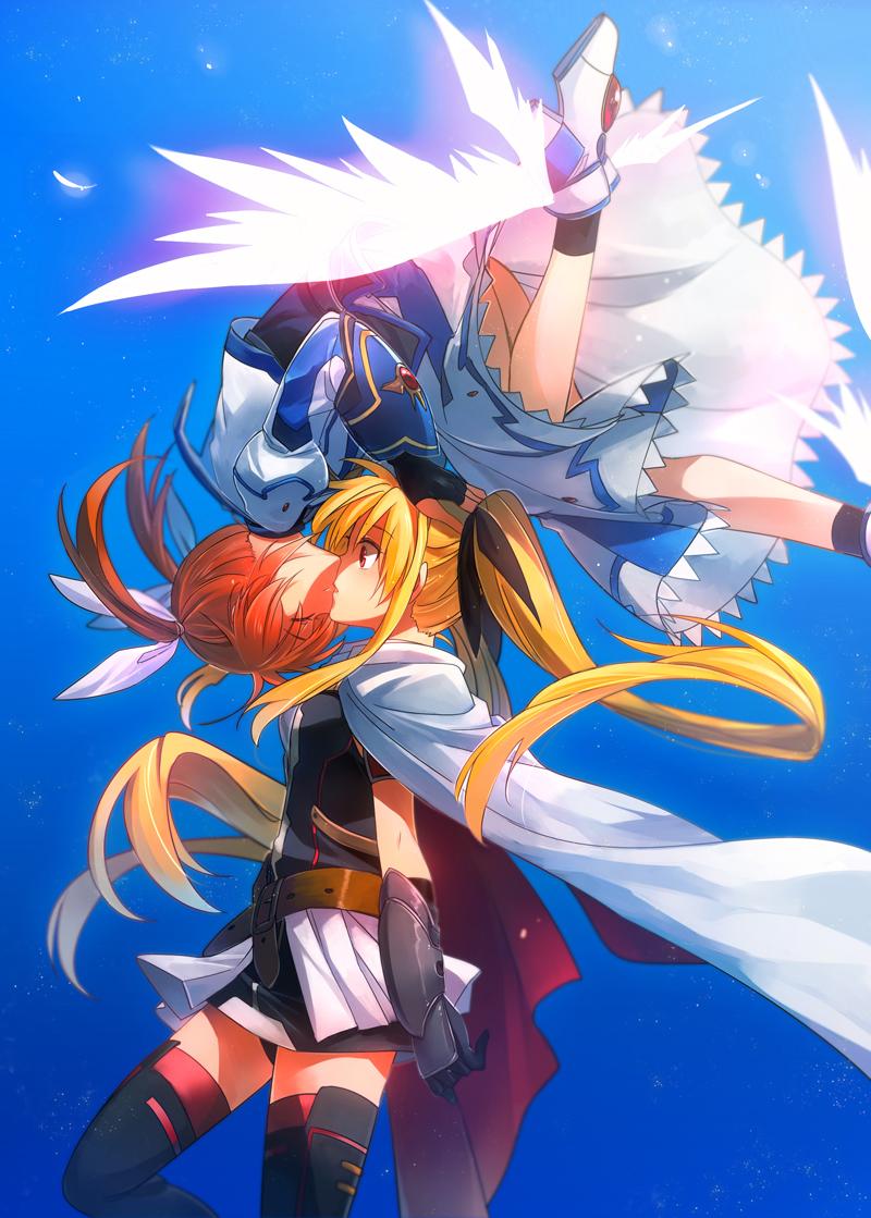 2girls aki_(neyuki41028) arm_belt belt black_panties blonde_hair cape closed_eyes couple fate_testarossa fate_testarossa_(blaze_form) feathers fingerless_gloves gloves hair_ornament hair_ribbon kiss long_hair lyrical_nanoha magical_girl mahou_shoujo_lyrical_nanoha mahou_shoujo_lyrical_nanoha_a&#039;s multiple_girls orange_hair panties pantyshot red_eyes red_hair ribbon shoes skirt smile surprised takamachi_nanoha takamachi_nanoha_(exelion_mode) thighhighs twintails underwear upside-down_kiss winged_footwear wings yuri