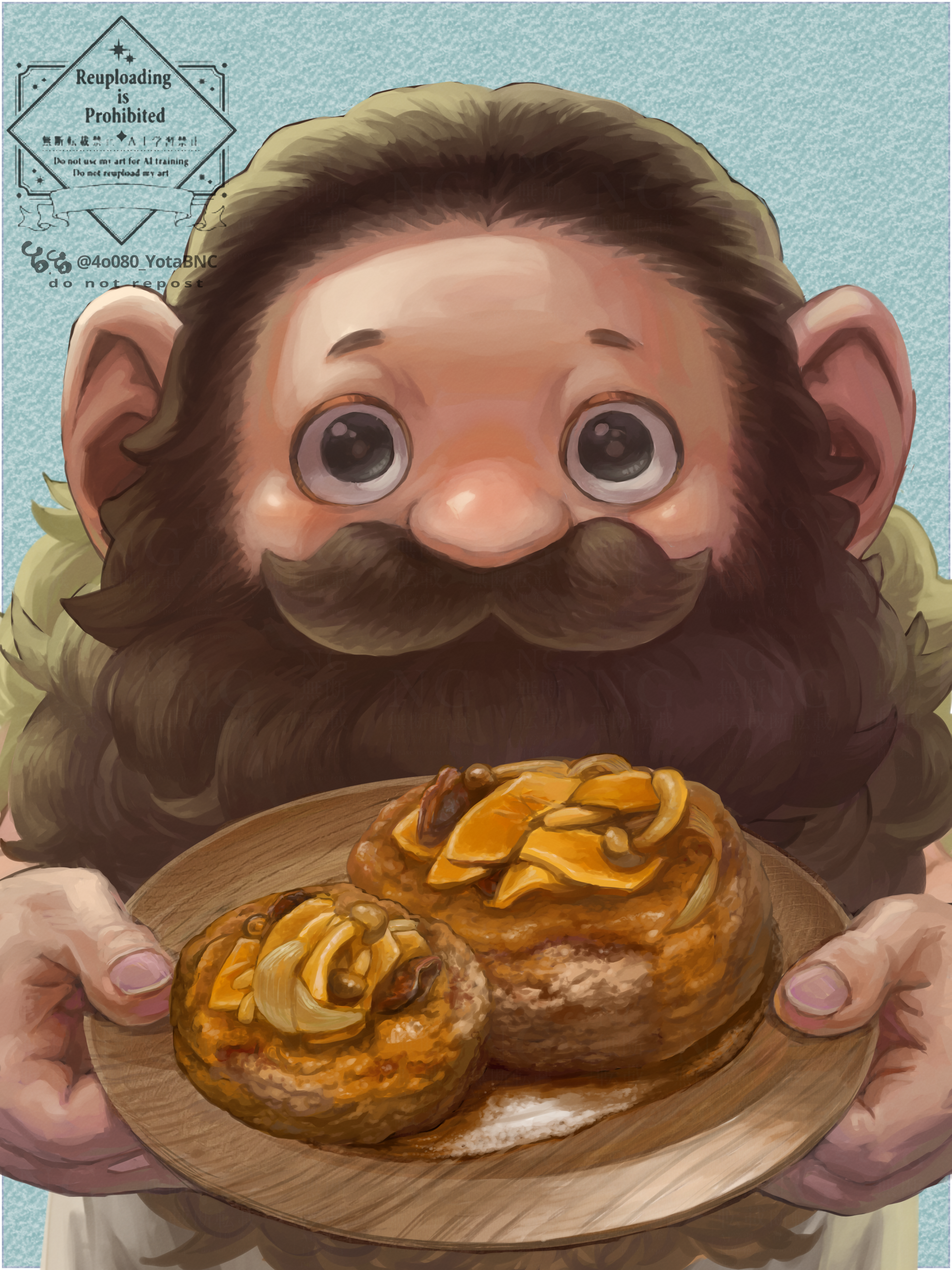 1boy absurdres alternate_species beard black_hair dungeon_meshi facial_hair food_request halfling highres incoming_food large_hands long_beard looking_at_viewer male_focus mustache sanpaku senshi_(dungeon_meshi) senshi_(half-foot)_(dungeon_meshi) simple_background solo thick_mustache upper_body very_long_beard yomoyama_yotabanashi