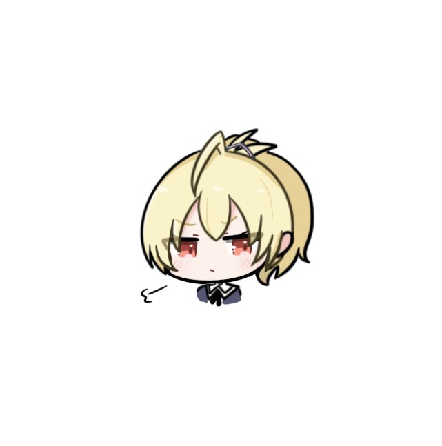 1girl ahoge andou_tazusa assault_lily black_ribbon blonde_hair blush chibi closed_mouth cropped_shoulders frown happa_no_tanupon high_ponytail looking_at_viewer neck_ribbon ponytail portrait puff_of_air red_eyes ribbon school_uniform short_hair simple_background solo v-shaped_eyebrows white_background yurigaoka_girls_academy_school_uniform