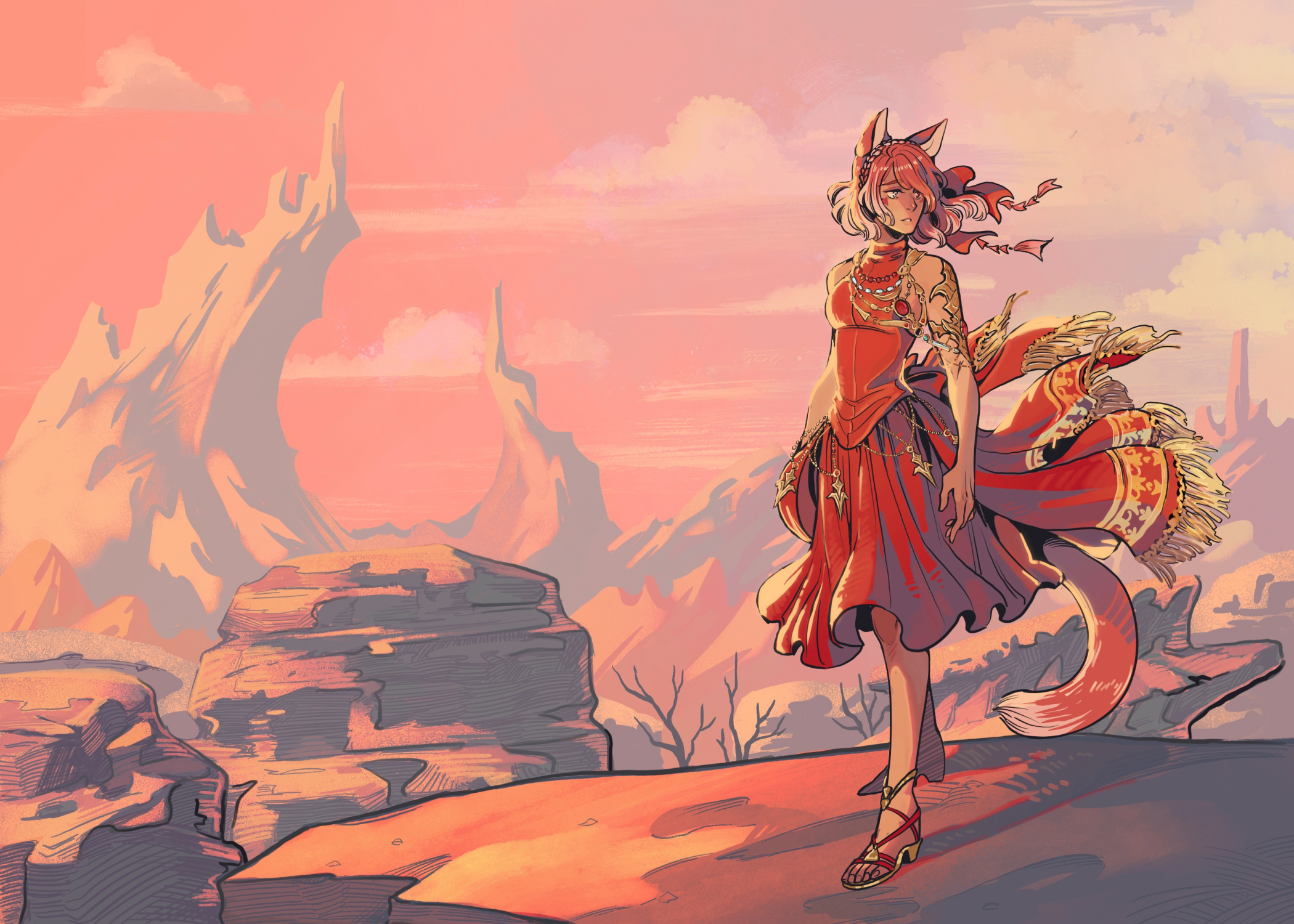 1girl animal_ears bare_tree braid breasts cloud commentary commission cross-laced_sandals crown_braid dancer_(final_fantasy) desert dress english_commentary facial_mark final_fantasy final_fantasy_xiv fox_ears fox_girl fox_tail fringe_trim full_body gold_armlet gold_belt gold_trim hair_ribbon heterochromia high_heel_sandals highres jewelry looking_to_the_side medium_breasts medium_hair mesa miqo'te mountainous_horizon necklace original outdoors parted_lips pillar_(landform) pink_hair pink_sky red_dress ribbon rock sky sleeveless sleeveless_dress solo standing tail toes tree warrior_of_light_(ff14) wicksandwheat