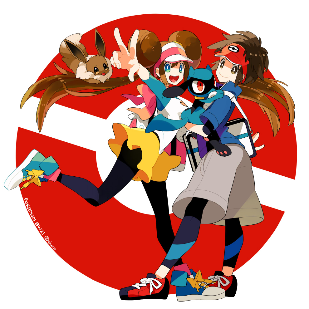 10s 2girls bag blue_eyes brown_eyes brown_hair copyright_name donut_hair_bun double_bun eevee gen_1_pokemon gen_4_pokemon gum_(gmng) gumidemo_kandero hair_bun leggings leggings_under_shorts multiple_girls nate_(pokemon) nintendo pantyhose pokemon pokemon_(creature) pokemon_bw2 raglan_sleeves riolu rosa_(pokemon) shorts twintails v visor visor_cap