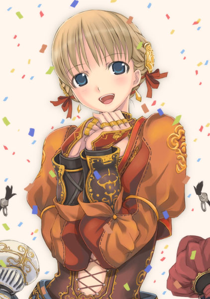 00s 1girl afumau_(final_fantasy) arm_guards blonde_hair blue_eyes confetti corset final_fantasy final_fantasy_xi hair_ribbon hume jewelry long_sleeves looking_at_viewer mikazuki_akira! open_mouth ovjang ribbon ring smile