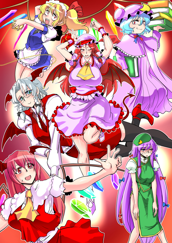 6+girls bespectacled blonde_hair blue_hair book breasts cosplay costume_switch crystal danna_(karatekikku) dress flandre_scarlet flandre_scarlet_(cosplay) glasses grey_hair hat hong_meiling hong_meiling_(cosplay) huge_breasts izayoi_sakuya izayoi_sakuya_(cosplay) koakuma koakuma_(cosplay) maid mob_cap multiple_girls patchouli_knowledge patchouli_knowledge_(cosplay) pocket_watch purple_hair red_hair remilia_scarlet remilia_scarlet_(cosplay) skirt embodiment_of_scarlet_devil touhou watch wings