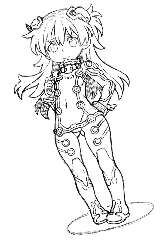 1girl artist_request bodysuit breasts chibi dutch_angle evangelion:_2.0_you_can_(not)_advance long_hair looking_at_viewer mecha_pilot_suit monochrome neon_genesis_evangelion plugsuit_(evangelion) rebuild_of_evangelion simple_background smile solo souryuu_asuka_langley standing test_plugsuit_(evangelion) wide_hips