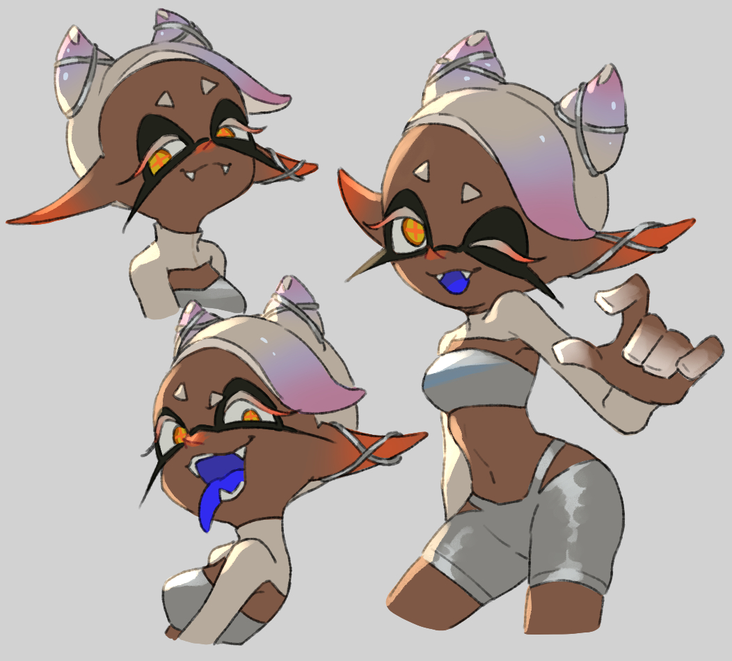 1girl blue_tongue colored_extremities colored_tips colored_tongue cone_hair_bun constricted_pupils crazy_eyes dark-skinned_female dark_skin double_bun ear_cuffs fangs frye_(grand_festival)_(splatoon) frye_(splatoon) grey_background grey_shorts grey_tube_top hair_bun inkling long_sleeves multicolored_hair multiple_expressions multiple_views navel nintendo official_alternate_costume official_alternate_hair_color official_alternate_hairstyle one_eye_closed orange_pupils pink_hair pointy_ears shorts shrug_(clothing) side_part simple_background splatoon_(series) splatoon_3 star-shaped_pupils star_(symbol) stomach strapless symbol-shaped_pupils teo_(teorekka) tongue tongue_out tube_top turtleneck turtleneck_shrug white_hair white_shrug yellow_eyes