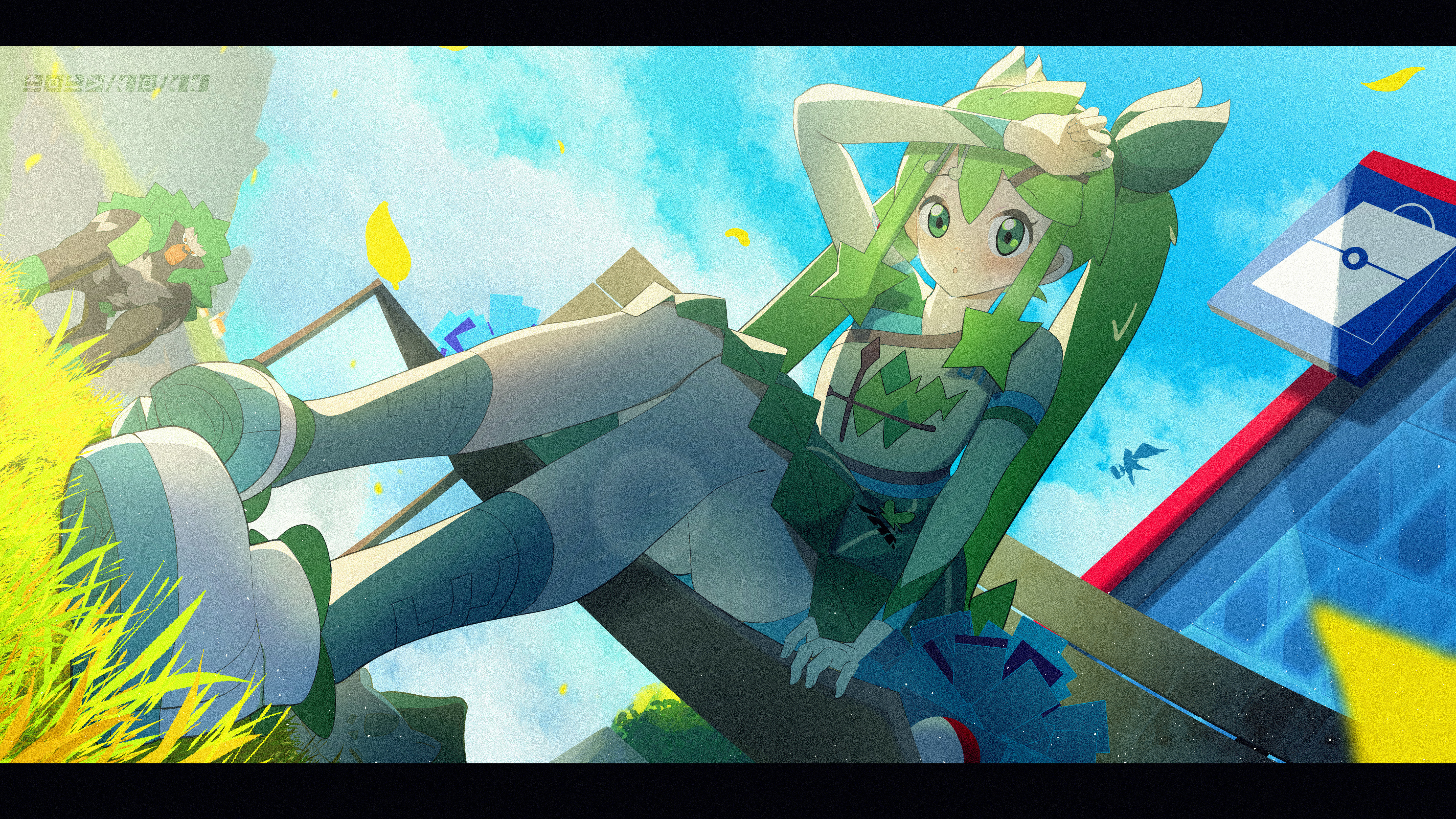 1girl absurdres bench blue_sky bulbasaur cloud dress dutch_angle fortissimo full_body gen_1_pokemon gen_8_pokemon grass grass_miku_(project_voltage) green_hair green_socks hair_between_eyes hair_ornament hatsune_miku highres multicolored_dress musical_note musical_note_hair_ornament nintendo pokemon pokemon_(creature) project_voltage rillaboom sanasedayo short_sleeves shorts shorts_under_dress sky socks twintails vocaloid white_footwear