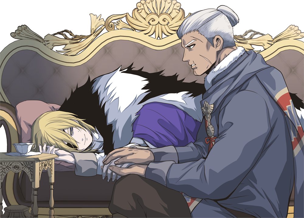 2boys black_fur black_pants blonde_hair blue_cape blue_scarf blue_shirt cape chaise_longue closed_mouth commentary_request cup dark-skinned_male dark_skin dedue_molinaro dedue_molinaro_(timeskip) dimitri_alexandre_blaiddyd dimitri_alexandre_blaiddyd_(timeskip) eyepatch facial_scar fire_emblem fire_emblem:_three_houses fur-trimmed_collar fur_trim green_eyes hair_between_eyes holding_hands kneeling long_sleeves looking_at_another lying male_focus megubiru multiple_boys multiple_scars nintendo on_side one_eye_covered pants parted_lips pillow ponytail saucer scar scar_on_cheek scar_on_face scar_on_forehead scarf shirt short_ponytail sick simple_background sleeve_cuffs smile table teacup white_background white_fur white_hair