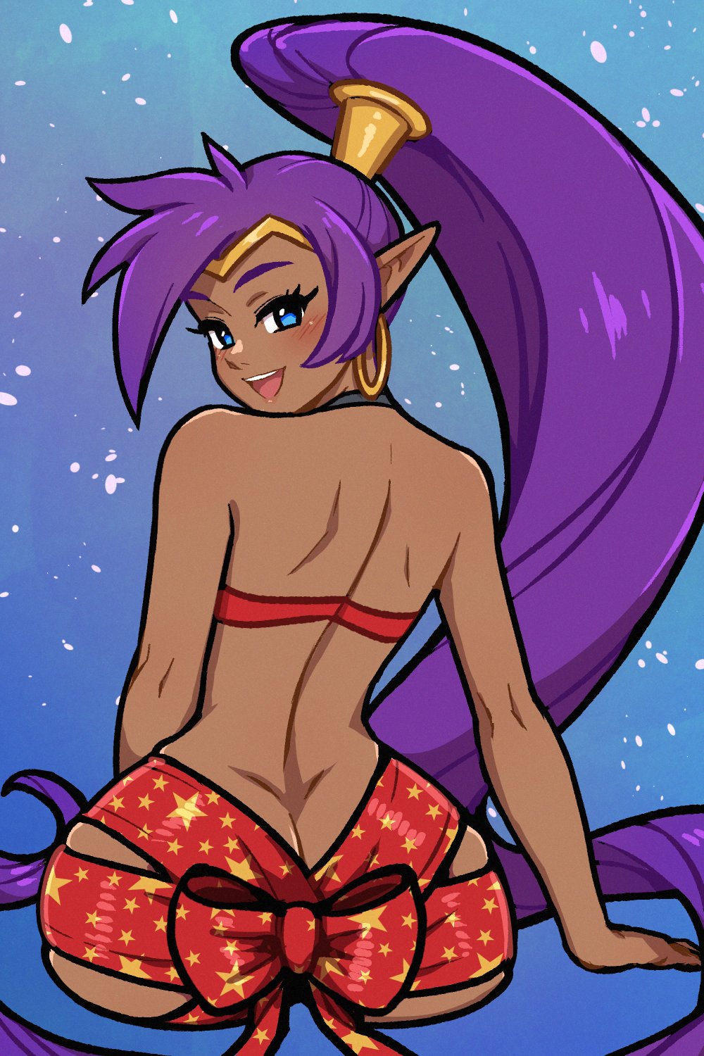 1girl akairiot ass back bare_shoulders black_choker blue_background blue_eyes bow butt_crack choker christmas dark-skinned_female dark_skin earrings genie high_ponytail highres hoop_earrings huge_ass jewelry long_hair looking_at_viewer looking_back naked_ribbon open_mouth pear-shaped_figure pointy_ears ponytail purple_hair red_ribbon ribbon shantae shantae_(series) sitting smile snowflakes solo teeth tiara upper_teeth_only very_long_hair wide_hips