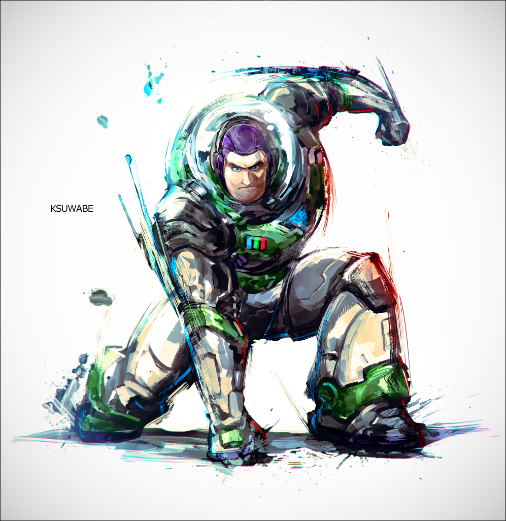 1boy arm_up artist_name black_border blue_eyes border buzz_lightyear chromatic_aberration clenched_hands closed_mouth k-suwabe lightyear_(pixar) looking_at_viewer male_focus motion_lines on_one_knee simple_background sketch solo spacesuit superhero_landing toy_story watermark white_background