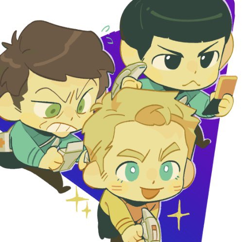3boys black_hair blonde_hair blue_eyes brown_hair chibi closed_mouth green_eyes james_tiberius_kirk leonard_mccoy lowres male_focus multiple_boys open_mouth phaser pointy_ears poloo6972 sparkle spock star_trek star_trek:_the_original_series starfleet_uniform tricorder vulcan
