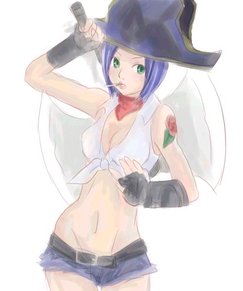 1girl alice_(afternoon_gleam) axe bad_source bandana belt bicorne black_belt black_gloves blacksmith_(ragnarok_online) blue_hair blue_hat blue_shorts breasts cigarette cleavage closed_mouth cowboy_shot crop_top fingerless_gloves flower_tattoo gloves green_eyes groin hat holding holding_axe medium_breasts midriff navel ragnarok_online red_bandana shirt short_hair short_shorts shorts shoulder_tattoo simple_background sketch sleeveless sleeveless_shirt solo tattoo tied_shirt white_background white_shirt