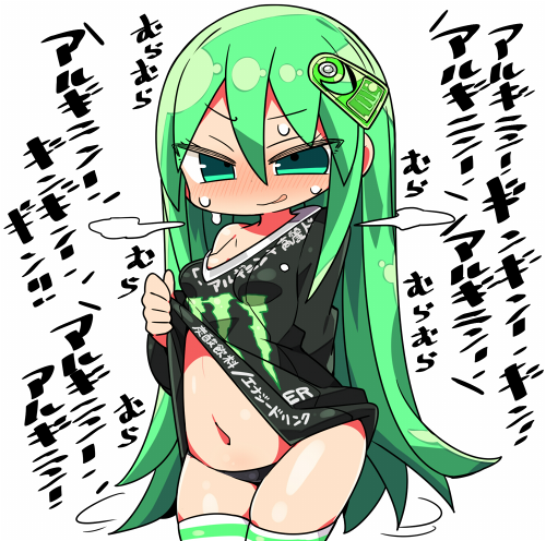 1girl bare_shoulders black_dress black_panties blush breasts clothes_lift commentary cowboy_shot dress dress_lift female_focus green_eyes green_hair hair_between_eyes hair_ornament kanikama licking_lips lifting_own_clothes long_hair looking_at_viewer lowres monster_energy monster_energy-chan navel nose_blush off_shoulder original panties partially_translated personification product_girl simple_background small_breasts solo steam striped_clothes striped_thighhighs sweat thighhighs tongue tongue_out translation_request underwear very_long_hair white_background