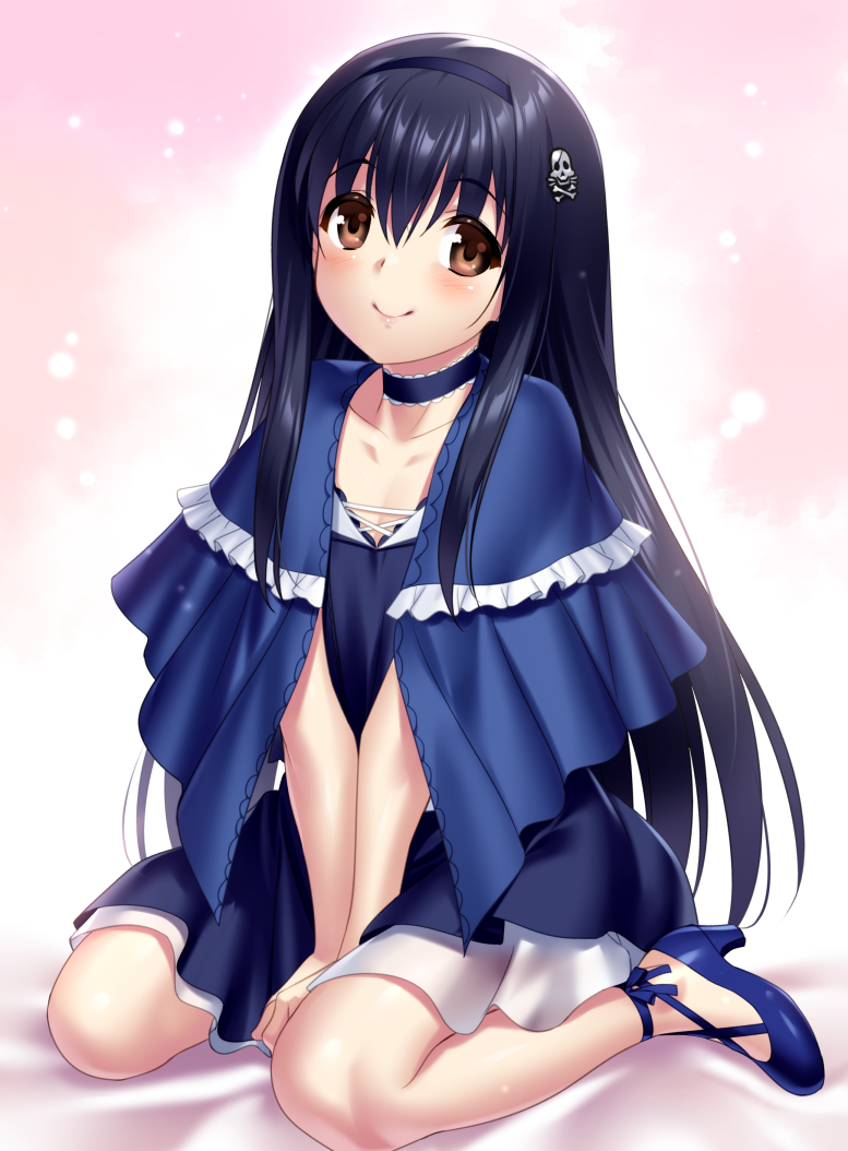 1boy between_legs black_choker black_hair black_hairband black_shirt black_skirt blue_capelet blue_footwear blush brown_eyes capelet choker closed_mouth collarbone commentary commission company_connection cosplay english_commentary eyes_visible_through_hair frilled_capelet frilled_choker frills full_body hair_between_eyes hairband hand_between_legs high_heels key_(company) kushima_kamome kushima_kamome_(cosplay) little_busters! long_hair looking_at_viewer naoe_riki no_socks open_mouth pink_background second-party_source shirt shy sidelocks simple_background sitting skeb_commission skirt skull_and_crossbones smile solo straight_hair summer_pockets tareme trap v_arms very_long_hair wariza wavy_mouth wig zen_(kamuro)
