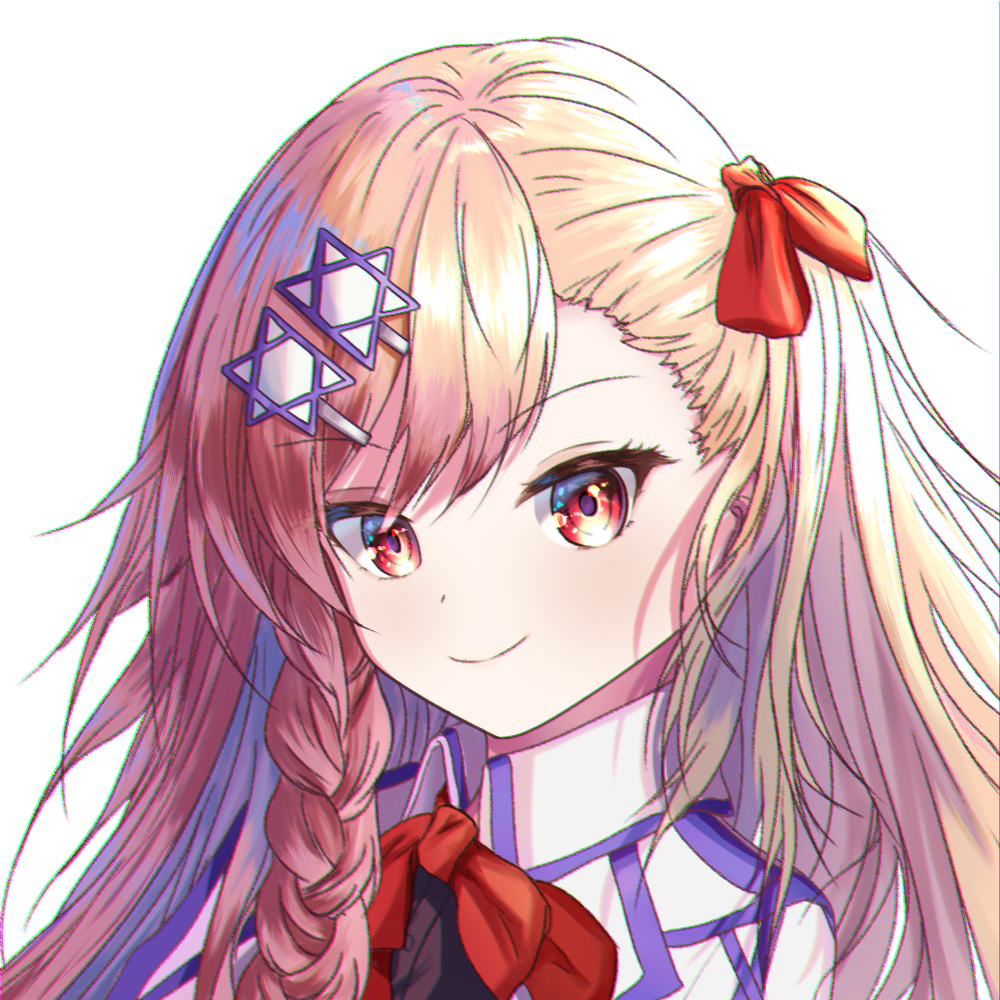1girl bow bowtie braid closed_mouth commentary_request e20_(79324944) girls&#039;_frontline hair_ornament hair_ribbon hairclip hexagram jacket light_blush long_hair looking_at_viewer negev_(girls&#039;_frontline) pink_hair red_bow red_bowtie red_eyes red_ribbon ribbon simple_background single_braid smile solo star_(symbol) star_hair_ornament star_of_david upper_body white_background white_jacket