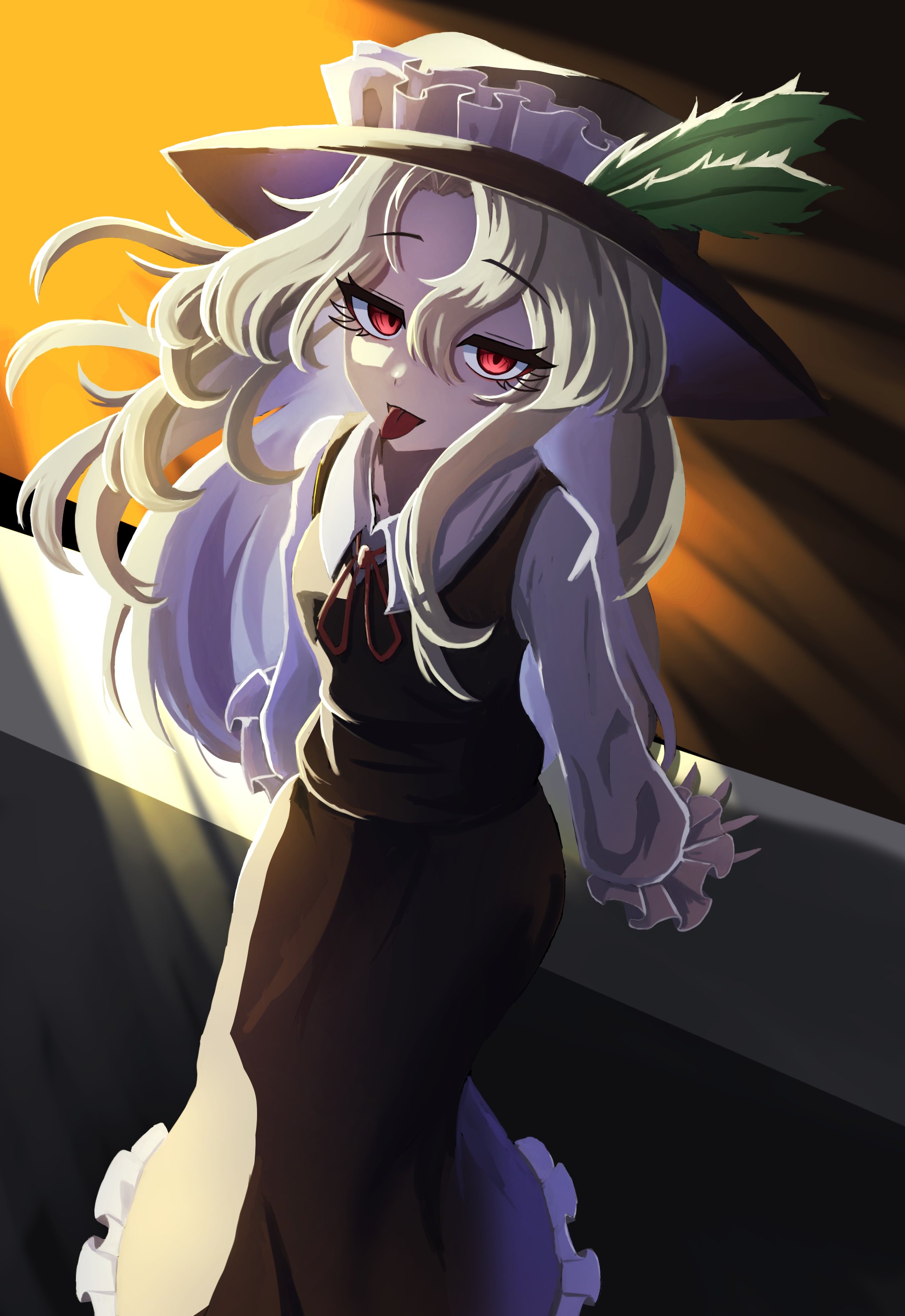 1girl :d absurdres breasts brown_hat brown_skirt brown_vest collared_shirt commentary_request dolls_in_pseudo_paradise feathers frilled_hat frilled_skirt frilled_sleeves frills green_feathers hat hat_feather highres jacket_girl_(dipp) long_hair long_skirt long_sleeves looking_at_viewer neck_ribbon open_mouth parted_bangs red_eyes red_ribbon ribbon shirt skirt small_breasts smile tongue tongue_out touhou vest white_shirt white_sleeves yabuhebi1067