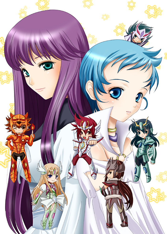 10s 3girls 5boys aquila_yuna aria_(saint_seiya_omega) armor black_hair blue_eyes blue_hair brown_hair chibi choker dragon_ryuuhou green_eyes helmet inumori_sayaka kido_saori lionet_soma long_hair lupus_haruto multiple_boys multiple_girls orion_eden pegasus_koga purple_hair red_hair saint_seiya saint_seiya_omega short_hair
