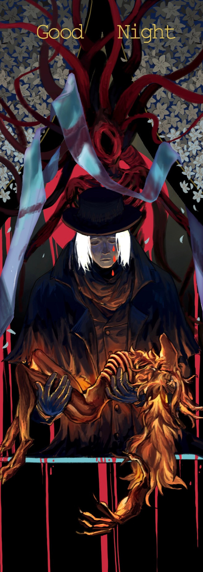 blood bloodborne bloody_tears carrying carrying_person closed_eyes closed_mouth commentary english_commentary english_text falling_petals floral_background flower full_body gehrman_the_first_hunter highres jacket laurence_the_first_vicar medium_hair monster moon_presence_(bloodborne) neckerchief petals shirt skeleton tworain_w upper_body white_flower white_hair white_petals