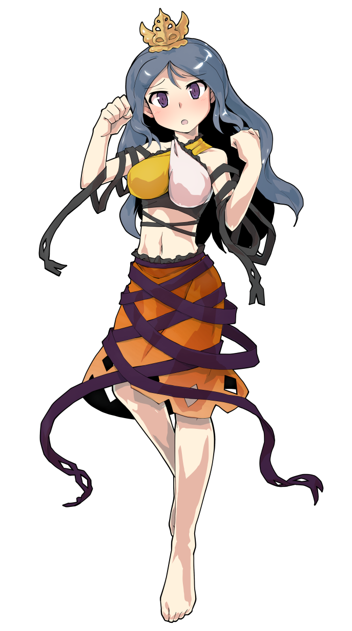 arm_ribbon arm_up barefoot black_ribbon blue_hair chirizuka_ubame clenched_hand dairi dress fossilized_wonders frilled_dress frilled_skirt frills hair_ornament halterneck highres knee_up long_hair midriff multicolored_dress nipples open_mouth orange_skirt purple_eyes purple_ribbon ribbon skirt smile sparkling_eyes standing standing_on_one_leg tachi-e touhou waist_ribbon worried