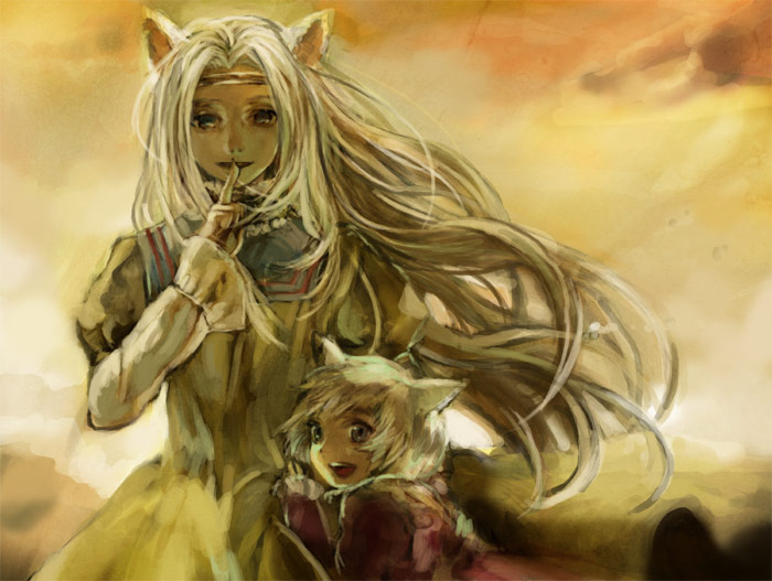 00s animal_ears blonde_hair dress finger_to_mouth long_hair memusu sunset tengen_toppa_gurren_lagann tomatika tsuuma