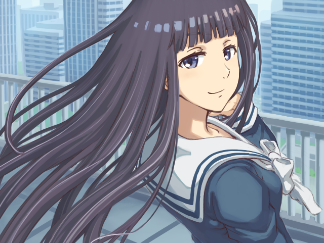 1girl black_hair blue_eyes building city cityscape day female_focus from_behind himegami_aisa jinrai_(owl12) long_hair looking_at_viewer looking_back looking_to_the_side outdoors school_uniform smile solo toaru_majutsu_no_index upper_body