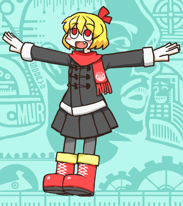 1girl :d black_coat black_pantyhose black_skirt blue_background blush_stickers boots bow bseibutsu coat colored_skin commentary_request cookie_(touhou) fang full_body gen_4_pokemon hair_bow long_sleeves looking_up manatsu_no_yo_no_inmu miura_daisenpai nadeko_(cookie) nintendo open_mouth outstretched_arms pantyhose piplup pleated_skirt pokemon red_boots red_bow red_eyes rumia short_hair skirt smile solo spread_arms t-pose touhou white_skin