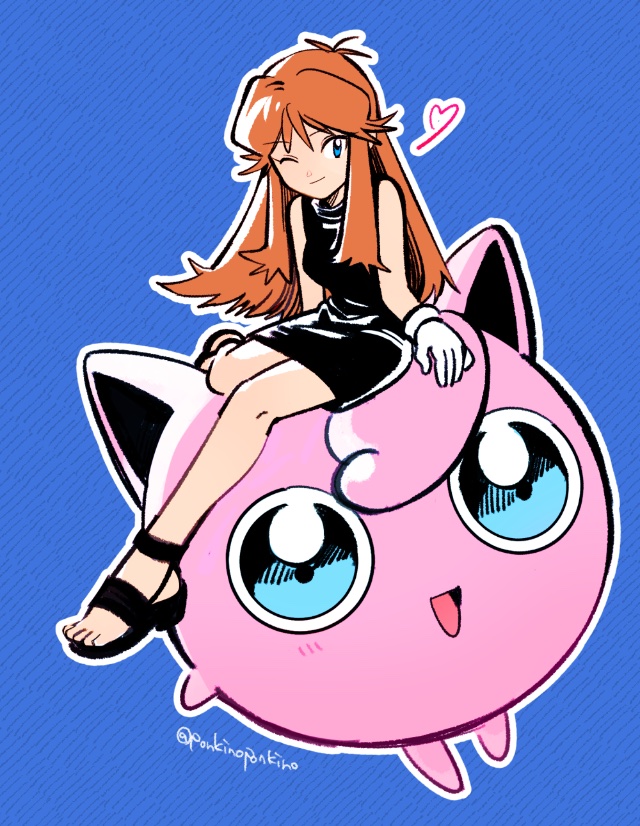 1girl :d black_dress blue_background blue_eyes brown_hair closed_mouth creatures_(company) dress floating full_body game_freak gen_1_pokemon gloves green_(pokemon) heart jigglypuff nintendo one_eye_closed open_mouth pokemon pokemon_adventures ponkinoponkino sandals smile twitter_username white_gloves