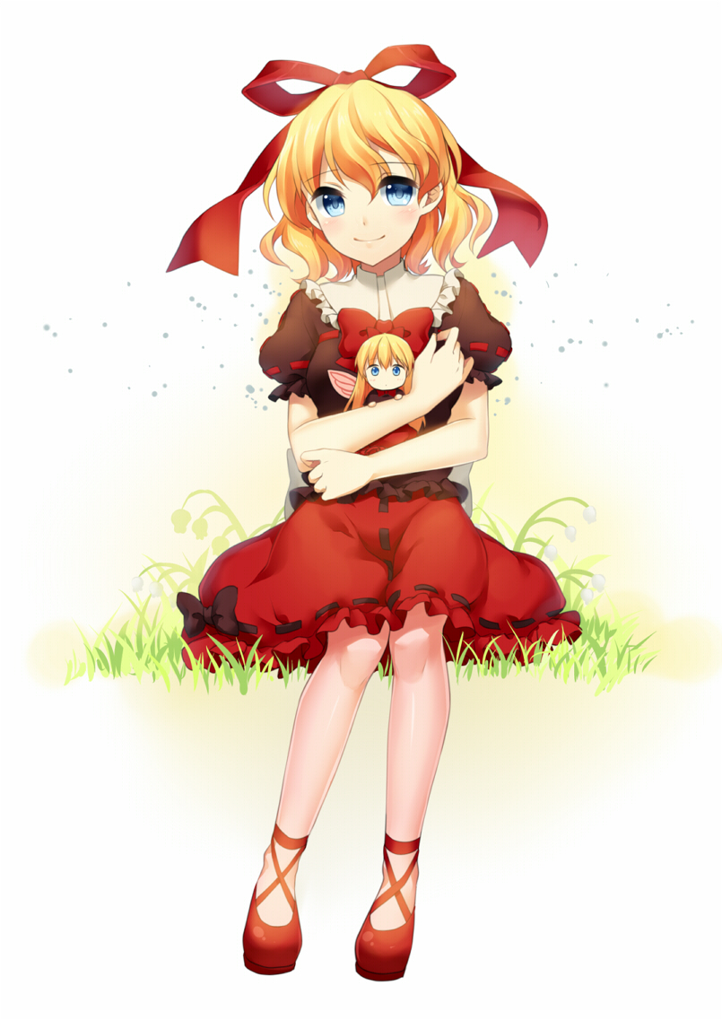 1girl blonde_hair blue_eyes bow doll hugging_doll female_focus full_body hair_bow hair_ornament jenevan looking_at_viewer medicine_melancholy hugging_object shirt shoes short_hair short_sleeves sitting skirt smile solo su-san touhou wings