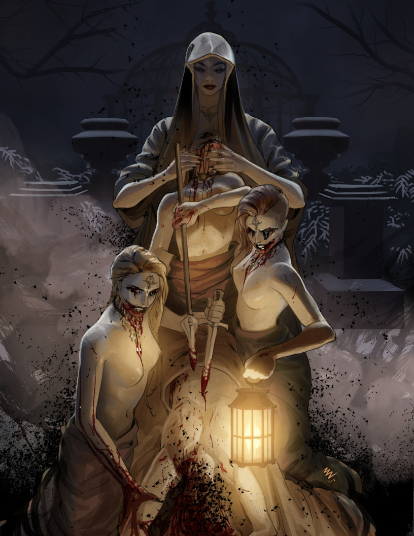 1other 4girls alcina_dimitrescu bela_dimitrescu black_lips black_nails blonde_hair blood blood_on_face blood_on_hands bloody_weapon breasts cassandra_dimitrescu commentary corpse dagger daniela_dimitrescu english_commentary expressionless guro habit height_difference holding holding_dagger holding_knife holding_polearm holding_spear holding_weapon horror_(theme) knife lantern lips lipstick makeup mascara mature_female medium_breasts mother_and_daughter multiple_girls nail_polish night nipples pale_skin polearm red_lips resident_evil resident_evil_village ritual runny_makeup siblings sisters smeared_blood smeared_lipstick spear swarm tall_female tongue tongue_out topless_female undercut vampire vashperado weapon