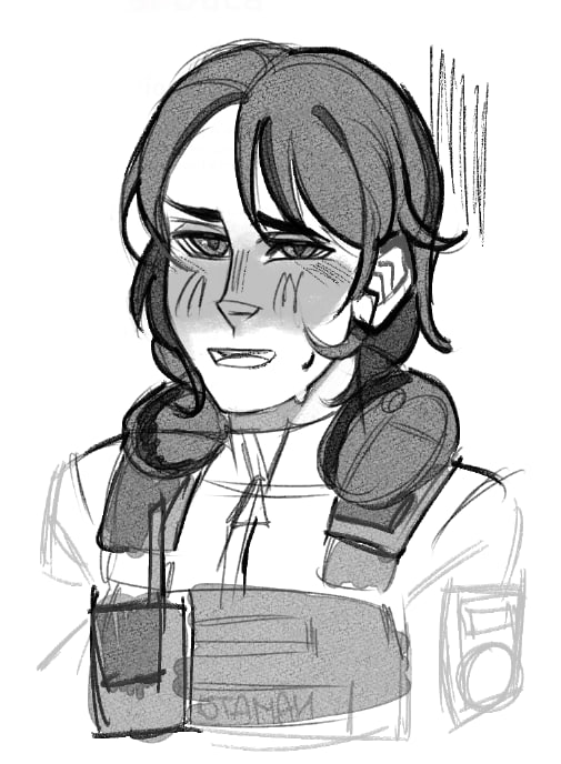 1boy androgynous blush cyrillic headphones headphones_around_neck kenneth_del_duca lineart linyvets_chan long_hair military military_combat_uniform military_uniform original otaman_(mariverse) radio radio_antenna russo-ukrainian_war sketch soldier sweat sweatdrop tactical_clothes trap ukraine ukrainian_flag ukrainian_text upper_body war white_background