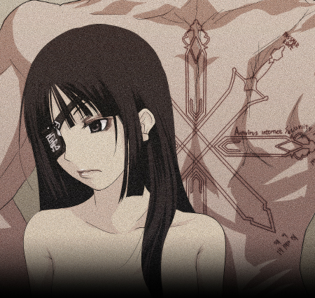 1boy 1girl back_tattoo blunt_bangs brown_eyes brown_hair closed_mouth commentary_request cross_tattoo expressionless eyepatch hime_cut long_hair looking_down lowres mr.romance nude priest_(ragnarok_online) ragnarok_online super_novice_(ragnarok_online) tattoo upper_body vignetting