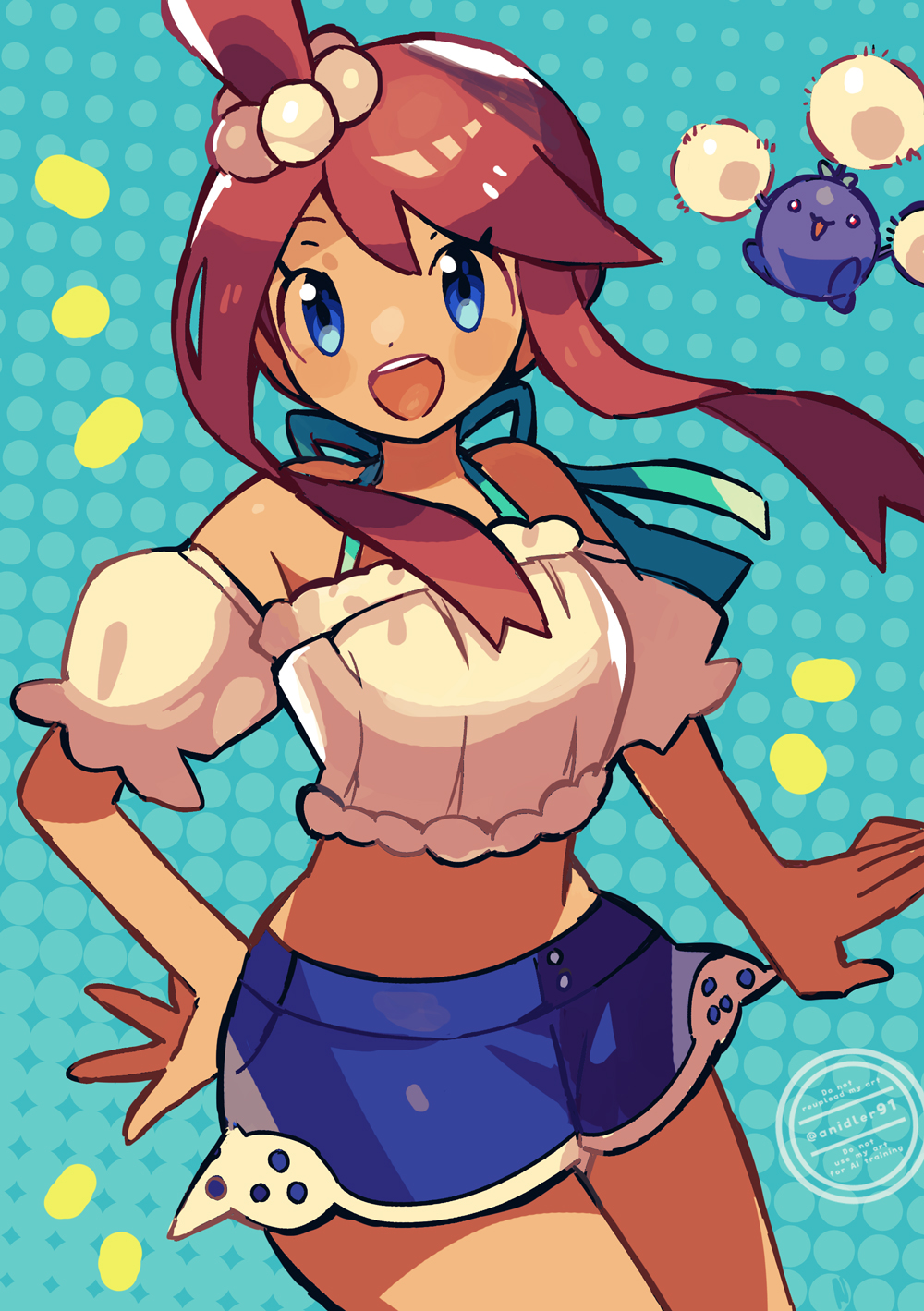 1girl anidler91 bare_shoulders bikini bikini_under_clothes bikini_under_shorts blue_bikini blue_eyes blue_shorts breasts crop_top gen_2_pokemon hair_ornament highres jumpluff looking_at_viewer medium_breasts midriff navel nintendo off-shoulder_shirt off_shoulder official_alternate_costume one_side_up open_mouth pokemon pokemon_(creature) pokemon_masters_ex red_hair shirt shorts sidelocks skyla_(pokemon) skyla_(summer_2025)_(pokemon) smile solo swimsuit