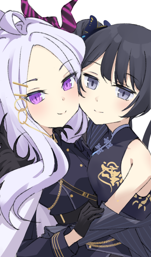 2girls 53c_(ray_cordova) black_dress black_gloves black_hair black_jacket blue_archive breasts butterfly_hair_ornament cheek-to-cheek china_dress chinese_clothes closed_mouth commentary dress forehead gloves grey_eyes grey_hair grey_jacket hair_bun hair_ornament heads_together hina_(blue_archive) horns jacket kisaki_(blue_archive) long_hair long_sleeves multiple_girls off_shoulder open_clothes open_jacket parted_bangs pinstripe_jacket pinstripe_pattern purple_eyes simple_background single_side_bun sleeveless sleeveless_dress small_breasts smile very_long_hair white_background