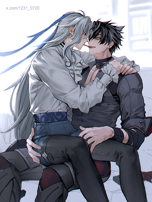 2boys artist_name ascot bandaged_arm bandaged_neck bandages black_bow black_footwear black_hair black_shirt blue_eyes blue_hair blue_pants blush boots bow collared_shirt commentary commentary_request earrings english_commentary eye_contact food food_in_mouth frilled_sleeves frills gaiters genshin_impact grey_hair grey_pants hair_between_eyes hair_bow jewelry korean_commentary long_hair long_sleeves looking_at_another low-tied_long_hair male_focus mixed-language_commentary multicolored_hair multiple_boys neuvillette_(genshin_impact) np_(1231_0720) pants pocky pocky_in_mouth purple_eyes scar scar_on_arm scar_on_neck shirt shirt_tucked_in short_hair short_sleeves sitting sitting_on_lap sitting_on_person smile streaked_hair stud_earrings thigh_boots thighhigh_gaiters thighhighs twitter_username very_long_hair watermark web_address white_ascot white_hair white_shirt wriothesley_(genshin_impact) yaoi
