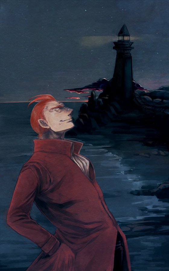 1boy coat closed_eyes hands_in_pockets horizon larten_crepsley lighthouse long_coat male_focus night night_sky ocean orange_hair red_coat short_hair sky smile solo the_saga_of_darren_shan